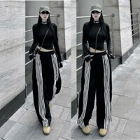 Bộ Croptop 5 Sọc - Áo Dài tay Quần Suông Phom Rộng - Chất Thun Tăm Tuyết Mưa Thời Trang Hà Huế s