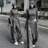 Bộ Croptop 5 Sọc Xám - Áo Dài Tay Croptop Quần Phom Rộng Chạy Sọc - Chất Thun Lạnh Tuyết Mưa Hà Huế Shop