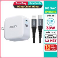 Bộ Cu Sạc CHOETECH QC 3.0 &amp; PD 3.0 38W PD5002-W  Cáp Type C To Lightning MFI Apple 1.2M IP0039 Sạc Nhanh Cho iPhone - Hàng Chính Hãng