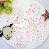 Bộ dài 5 món sơ sinh cho bé trai bé gái cúc chéo Bunnybaby cotton hàn bao gồm nón vớ, bao tay bao chân