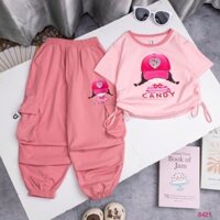 Bộ dài bé gái 10kg-35kg chất vải cotton quần túi hộp phong cách Áo cổ tròn eo rút dây