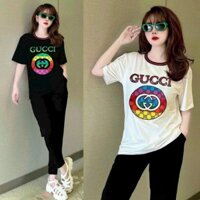 Bộ dài cotton nữ quần ống ôm cao cấp Logo GU,CHII cá tính thể thao siêu mát mịn - SANG XỊN { Phong cách NHẬT-HÀN)
