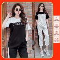 Bộ dài nữ cotton quần ống bo Cao cấp thêu logo CELIINE  siêu mát mịn - SANG XỊN {PHONG CÁCH NHẬT-HÀN QUỐC}
