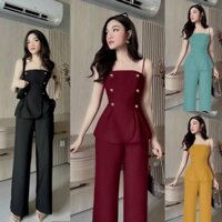 Bộ dài nữ 💕FREESHIP💕 Set nguyên bộ quần dài ống suông áo 2 dây phối nút xinh xắn TJ1192