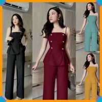 Bộ dài nữ  🌸FREESHIP🌸 Set nguyên bộ quần dài ống suông áo 2 dây phối nút xinh xắn J1192