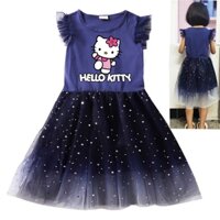 Bộ Đầm Xòe Không Tay + Đầm Tuyn Hình Hello Kitty Cho Bé Gái 2-12 Tuổi