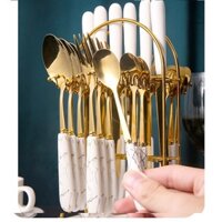 Bộ dao dĩa 24 món nĩa hoa quả, muỗng cà phê | cán sứ vân đá sang trọng kèm giá treo