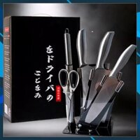 Bộ Dao Inox 6 Món Cao Cấp - Bộ Dao Kéo 6 Món Nhật Bản Chống Gỉ, Tặng Kèm Khay Để Dao Kéo