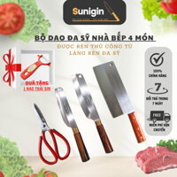 Bộ dao kéo nhà bếp Đa Sỹ 4 món thép trắng Nhật không gỉ tay cầm gỗ - set dao Đa Sỹ cao cấp Sunigin Tặng kèm nạo Thái Lan