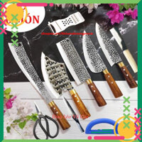 Bộ Dao Nhà Bếp 10 món Thép Nhíp Dập Vân chống dính Chặt Cây, Xương, Thái Lọc Thịt - Cán Gỗ Cẩm chỉ - Dao bếp giá rẻ