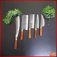 Bộ Dao Nhà Bếp Rèn Thủ Công Từ Thép Nhíp Cao Cấp - Dao Chặt Cây, Chặt Xương, Thái Thịt - Cán Cẩm chỉ - Dụng cụ nhà bếp