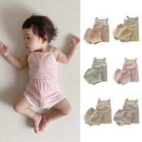 Bộ dây đeo mùa hè cotton cho bé trai và bé gái, áo vest kẻ caro mỏng hai mảnh