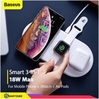 Bộ đế sạc không dây Baseus Smart 3 in 1 cho iPhone , Apple Watch , Airpods chuẩn Qi công suất tổng 18W