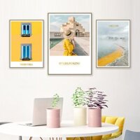 Bộ decal 3 tấm dán tường sắc vàng tuyệt đẹp giả khung tranh trang trí phòng