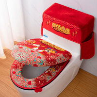 Bộ đệm bồn cầu cưới ba món, đệm bồn cầu màu đỏ, bọc bồn cầu kiểu mới cho đám cưới, bọc bồn cầu lễ hội cho đám cưới