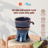 Bộ Đèn Giữ nóng Cà Phê - Bộ Đèn Đốt Tinh Dầu Men Xanh Hoả Biến - Bộ cafe nóng - Gốm Sứ Unika Bát Tràng