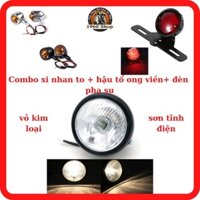 Bộ đèn pha xe máy(h4)🏍🛵2 đèn xi nhan hột vịt hột gà🏍🛵đèn hậu tổ ong viền tròn🏍🛵thép sơn tĩnh điện xi inox