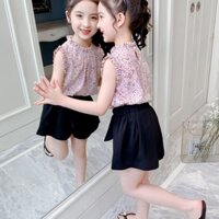 Bộ đi học cho bé gái gồm chân váy xoè kèm áo chấm bi sát nách cổ bèo cho bé gái từ 9-43kg