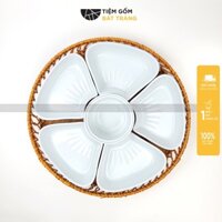 Bộ Đĩa 5 Cánh Hoa Đào Kèm Khay Mây Đựng Đồ Ăn Bánh Trôi Xôi Bánh Chay Sứ Bát Tràng Cao Cấp