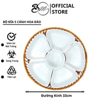 Bộ Đĩa 5 Cánh Hoa Đào Sứ Bát Tràng Kèm Khay Mây Siêu Đẹp 33cm SP41232756