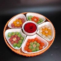 Bộ đĩa 5 cánh hoa đào sứ bát tràng kèm khay mây, khay đựng đồ ăn kèm khay mây cực đẹp chuẩn gốm sứ Bát Tràng