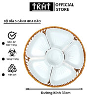 Bộ Đĩa 5 Cánh Hoa Đào Sứ Bát Tràng Kèm Khay Mây Siêu Đẹp 33cm SP41232756