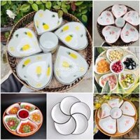 Bộ đĩa 5 cánh hoa đào, trái tim sứ bát tràng kèm khay mây
