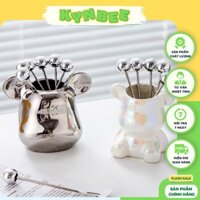 Bộ dĩa ăn trái cây bằng thép không gỉ kèm hộp đựng hình gấu bằng gốm cao cấp sang trọng