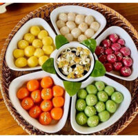 Bộ đĩa bày thức ăn hoa mai - Bộ khay sứ hoa mai kèm khay mây