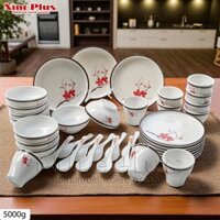Bộ Đĩa, Chén, Muỗng [10 món] hình Hoa Đào Nine Plus - Melamine A5 Khó Bể - Dùng cho nhà hàng, quán ăn