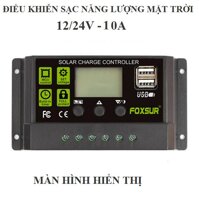 Bộ điều khiển sạc năng lượng mặt trời FOXSUR 10A tự đông nhận bình 12-24V có màn hình hiển thị loại tốt (Đen) sac binh ac quy kich dien