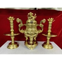 Bộ Đỉnh đồng , Lư đồng bộ tam sự đỉnh nến ( đèn) bằng đồng nguyên chất cao 60cm
