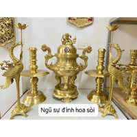Bộ Đỉnh Đồng lư thờ bằng bộ ngũ sự đỉnh hạc nến cao 50cm bằng đồng cát tút