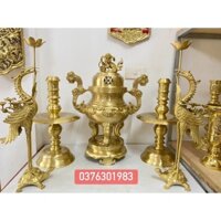 Bộ Đỉnh Đồng lư thờ bằng bộ ngũ sự đỉnh hạc nến cao 50cm bằng đồng cát tút