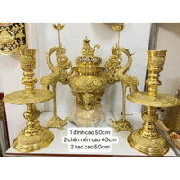 Bộ Đỉnh đồng lư thờ bằng đồng nguyên chất , bộ tam sự ngũ sự đỉnh hạc nến cao 50cm