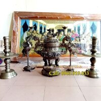 bộ đỉnh đồng ngũ sự song long cao 50cm giả cổ, đỉnh đồng thờ cúng