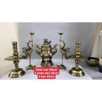 Bộ đỉnh lư đồng 40cm tam sự ngũ sự hoạ tiết hoa sòi đúc thủ công liền khối.