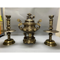 Bộ đỉnh lư đồng 45cm tam sự ngũ sự hoạ tiết hoa sòi đúc thủ công liền khối.