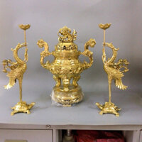 Bộ đỉnh lư thờ đồng cao 45cm hàng đúc thủ công cao cấp. Đỉnh hạc thờ bằng đồng.