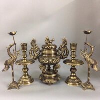Bộ đỉnh thờ bằng đồng màu cổ tam sự, ngũ sự đỉnh hạc nến 34cm. - Đại Bái 555