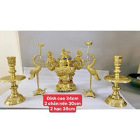 Bộ đỉnh thờ lư thờ bằng đồng vàng cao cấp cao 34cm F34 tam sự ngũ sự đỉnh hạc nến bằng đồng nguyên chất.