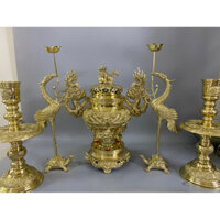 Bộ đỉnh thờ lư thờ bằng đồng nguyên chất cao 50cm màu vàng ánh kim đỉnh hạc nến tam sự ngũ sự.