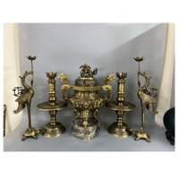 Bộ đỉnh thờ lư thờ rồng ngũ sự song long hàng đúc thủ công 45cm . Bộ đồ thờ đỉnh đồng thờ cúng cao 45cm