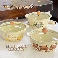 Bộ đồ ăn bằng gốm sứ Luo Shi, bộ ba món, hình hoạt hình dễ thương, có nắp, dung tích lớn cho ký túc xá và gia đình, trán