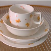 Bộ đồ ăn gốm sứ hình mèo nhỏ dễ thương phong cách Ins, cốc, bát, bát súp nhỏ, đĩa tráng miệng gia đình, đĩa ăn sáng 1DUF