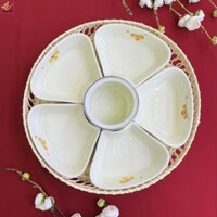 Bộ đồ ăn, khay mứt,kẹo hoa mặt trời, khay trái tim vẽ hoa Bát Tràng