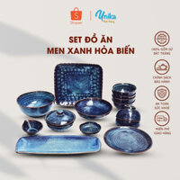 Bộ đồ ăn men xanh hoả biến BAX-22 - Set đồ ăn cao cấp Bát Tràng - Bát Đĩa Bát Tràng - Chén Đĩa Xanh - Bát đĩa cao cấp