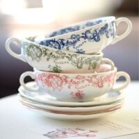 Bộ đồ ăn phương Tây cổ điển Phong cách Pháp Bộ bát súp tay cầm đôi bằng gốm sứ và đĩa Bộ cốc cà phê