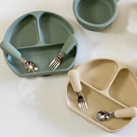 Bộ Đồ Ăn Silicon Tích Hợp Hút Mặt Cười Đĩa Ăn Bằng Thép Không Gỉ Thìa Nĩa Gấu Bát Trọn Bộ Bé Tập Ăn Bộ Đồ Ăn20250326