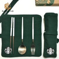 Bộ đồ ăn Starbucks Forest Series Bộ ba món bằng thép không gỉ Muỗng nĩa Đũa di động dành cho sinh viên Du lịch Công nhân văn phòng
